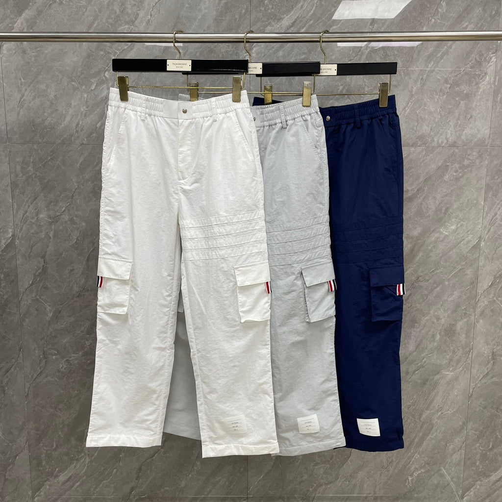 Thom Browne Style Unisex Casual Overalls with Signature Four-Bar Detail