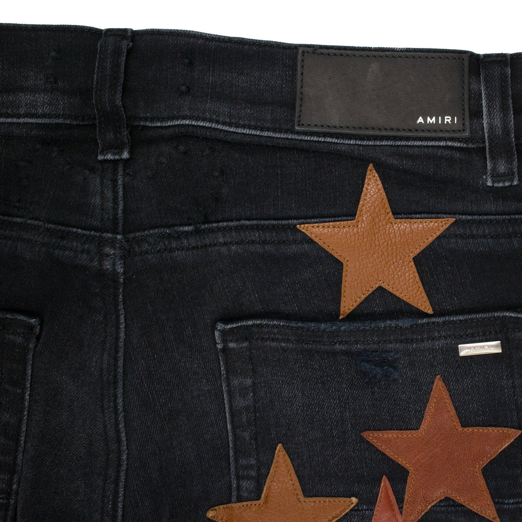 LEATHER STAR APPLIQUE CHEMIST AGED BLACK JEANS