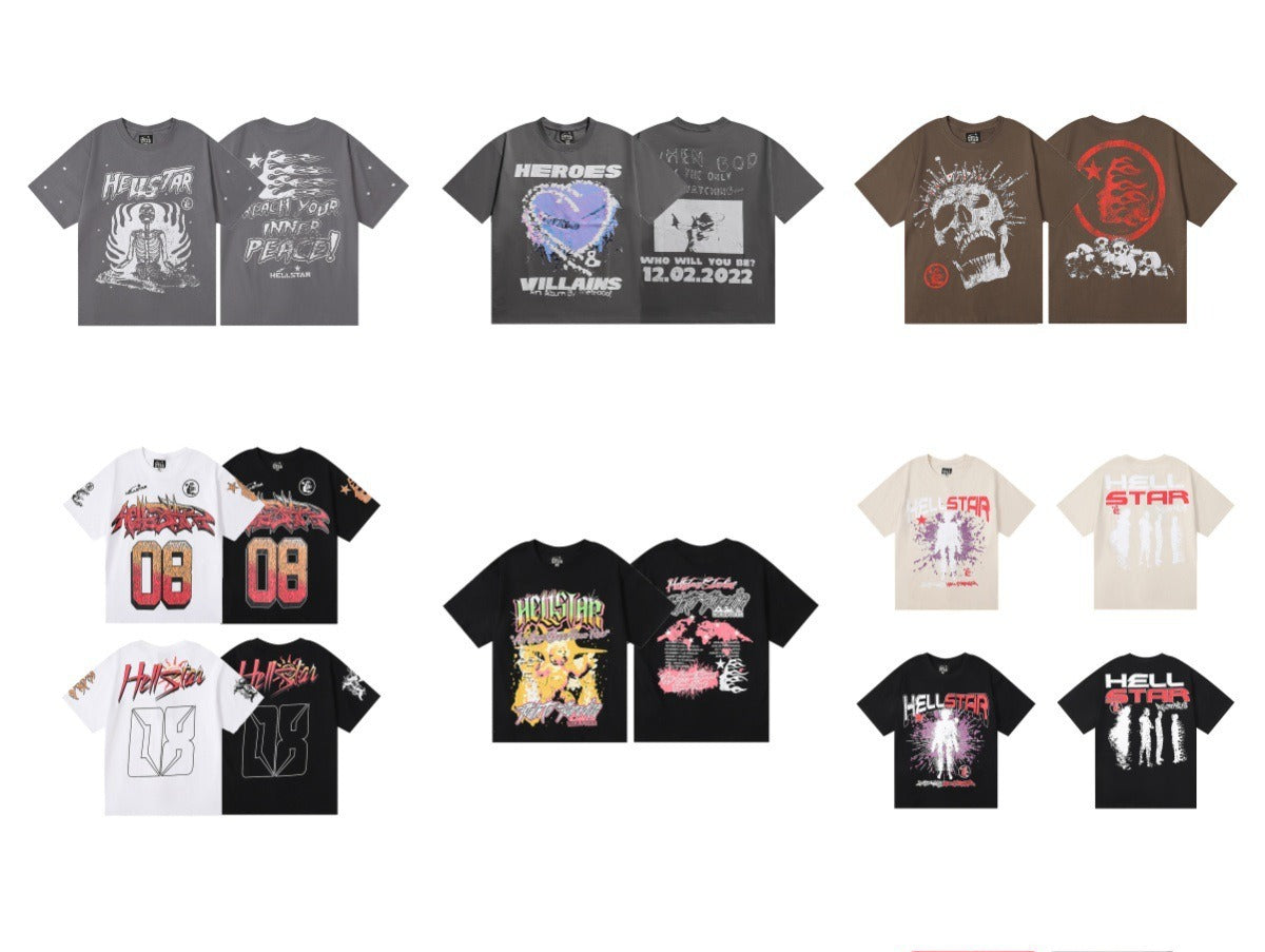 Hellstar Series Vintage Graphic Print Loose Unisex Streetwear T-Shirt