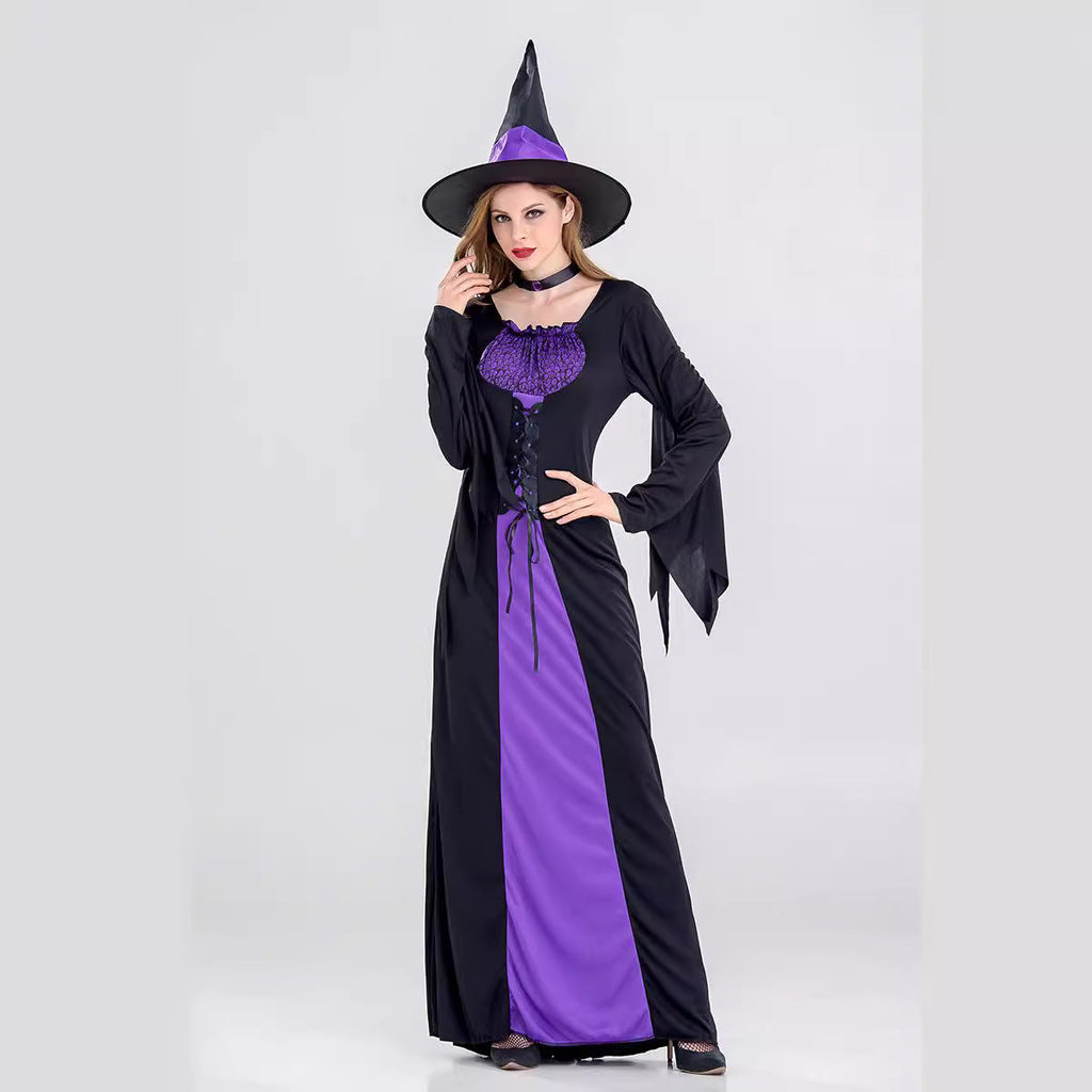 Halloween Women Purple Black Witch Cosplay Long Dress With Hat/Choker