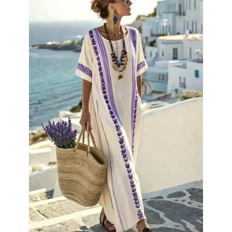 Women's Boho Striped Embroidered V-Neck Kaftan Maxi Dress