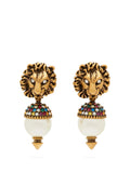 GUCCI LION HEAD PEARL COLORED DIAMOND EARRINGS