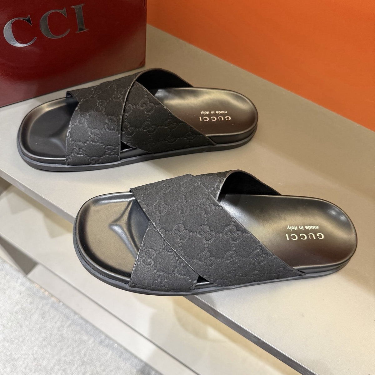 Gucci Men's Black Crisscross Strap Slide Sandals